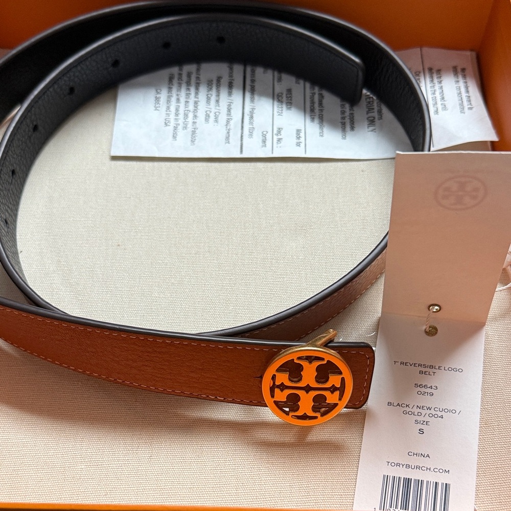 Tory Burch 1” Brown and Black Reversible Logo Belt